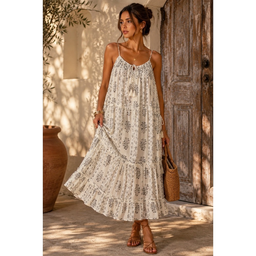 FEST Floral Paisley Tiered Midi Dress White Black Tassel Boho Cottagecore Size 2